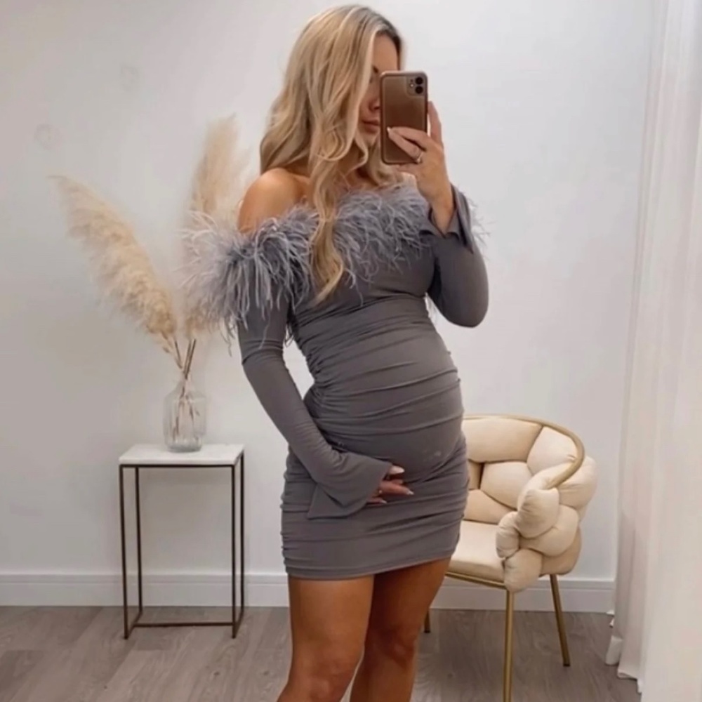 Feathered Grey Maternity Dress